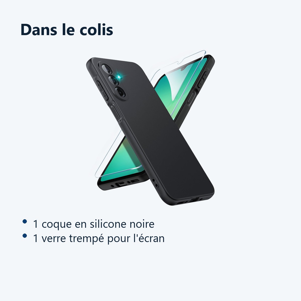 Contenu du colis – Coque Pour Samsung Galaxy A26 5G Silicone Noir + Verre Trempe