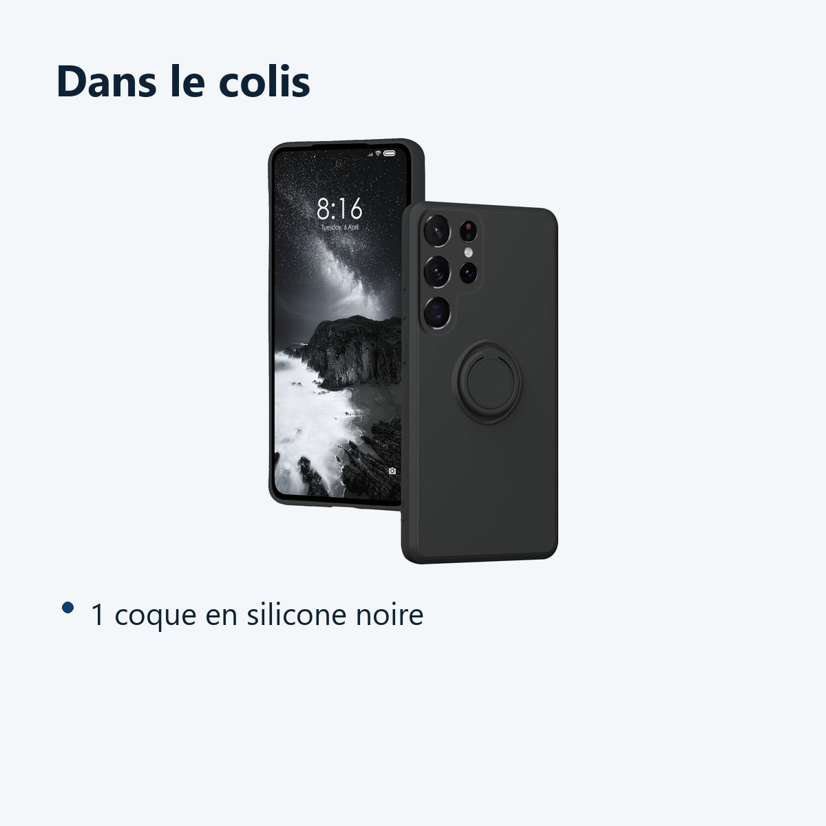Contenu du colis – Coque Silicone Pour Samsung Galaxy S24 Ultra Couleur Noir Avec Anneau Support