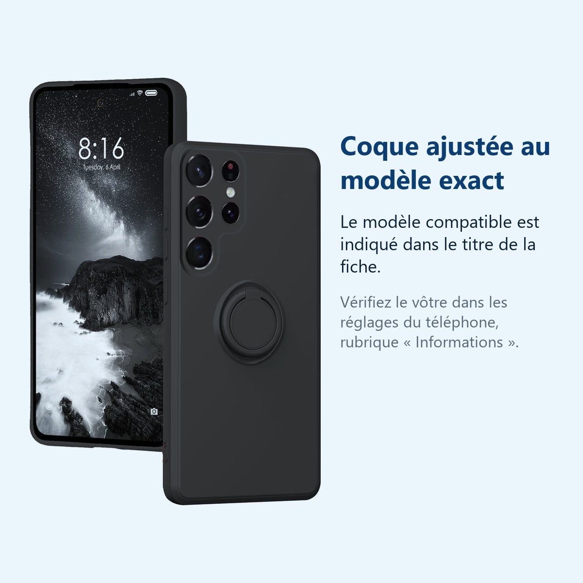 Accessoire ajusté au modèle exact – Coque Silicone Pour Samsung Galaxy S24 Ultra Couleur Noir Avec Anneau Support