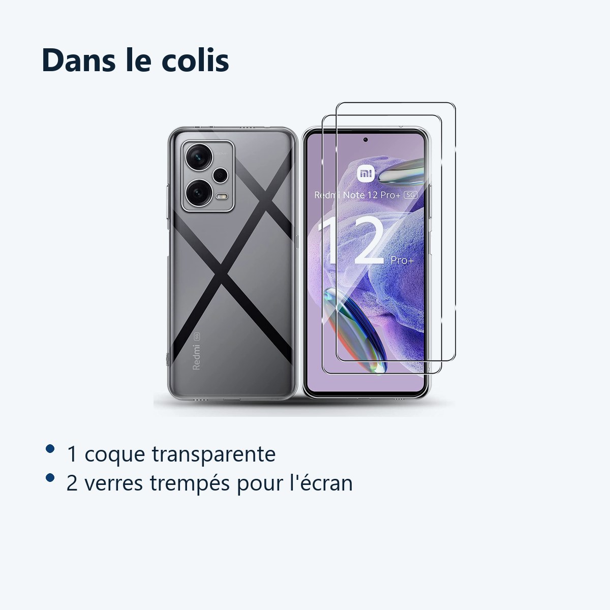 Contenu du colis – Coque Silicone Transparente + 2 Verres Trempes Pour Xiaomi Redmi Note 12 Pro Plus