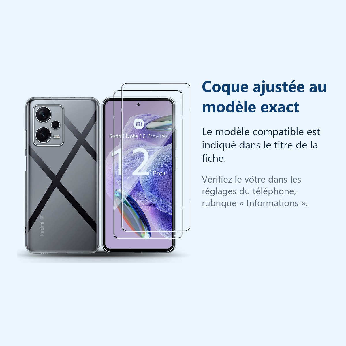 Accessoire ajusté au modèle exact – Coque Silicone Transparente + 2 Verres Trempes Pour Xiaomi Redmi Note 12 Pro Plus