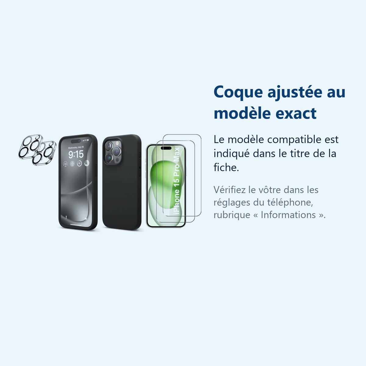 Accessoire ajusté au modèle exact – Coque Silicone Noir + Verres Trempes et Protections Camera Arriere X2 Pour iPhone 15 Pro
