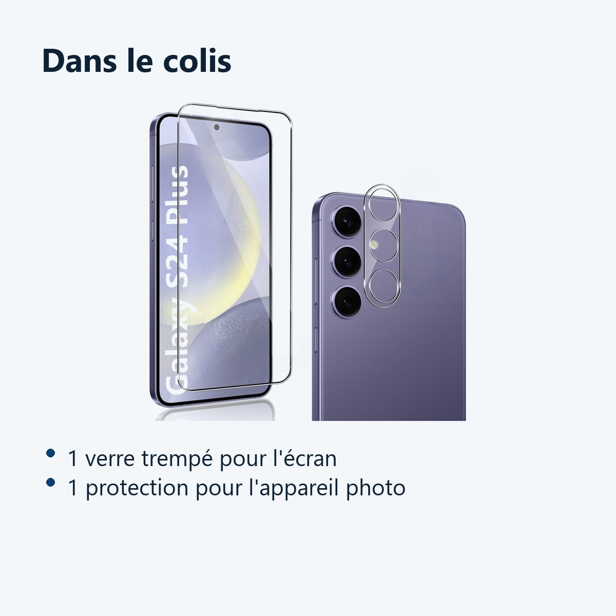 Contenu du colis – Verre Trempe et Protection Camera Arriere Transparent Pour Samsung Galaxy S24 Plus