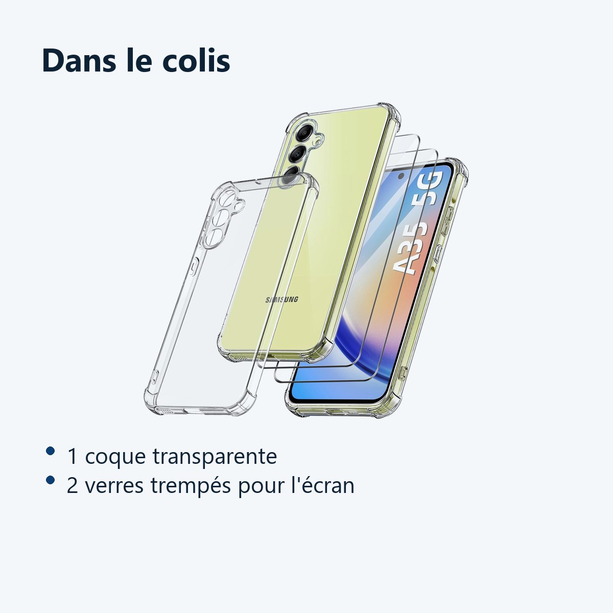 Contenu du colis – Coque Pour Samsung Galaxy A35 5G Silicone Transparente Angles Renforces + 2 Verres Trempes