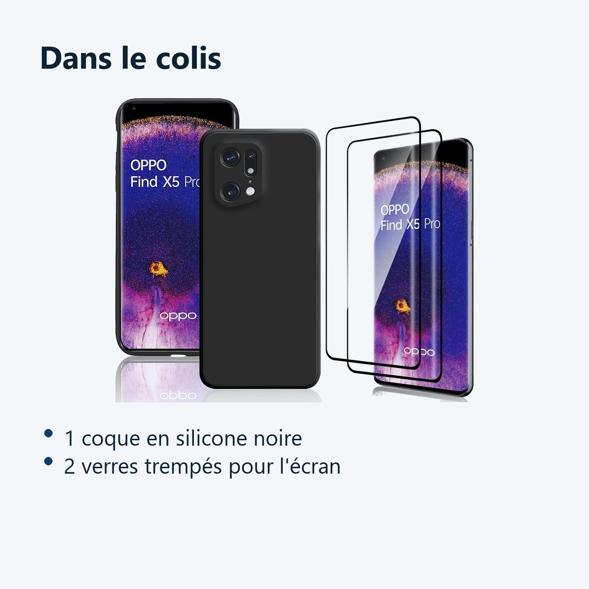 Contenu du colis – Coque Silicone Noir + 2 Verres Trempes Pour Oppo Find X5 Pro
