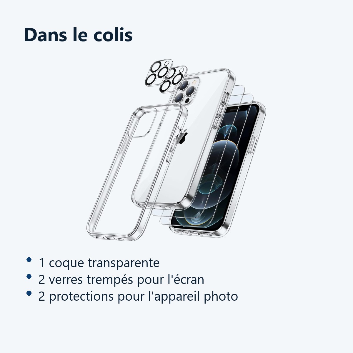 Contenu du colis – Coque Silicone Transparente + Verres Trempes et Protections Camera Arriere X2 Pour iPhone 12 Pro