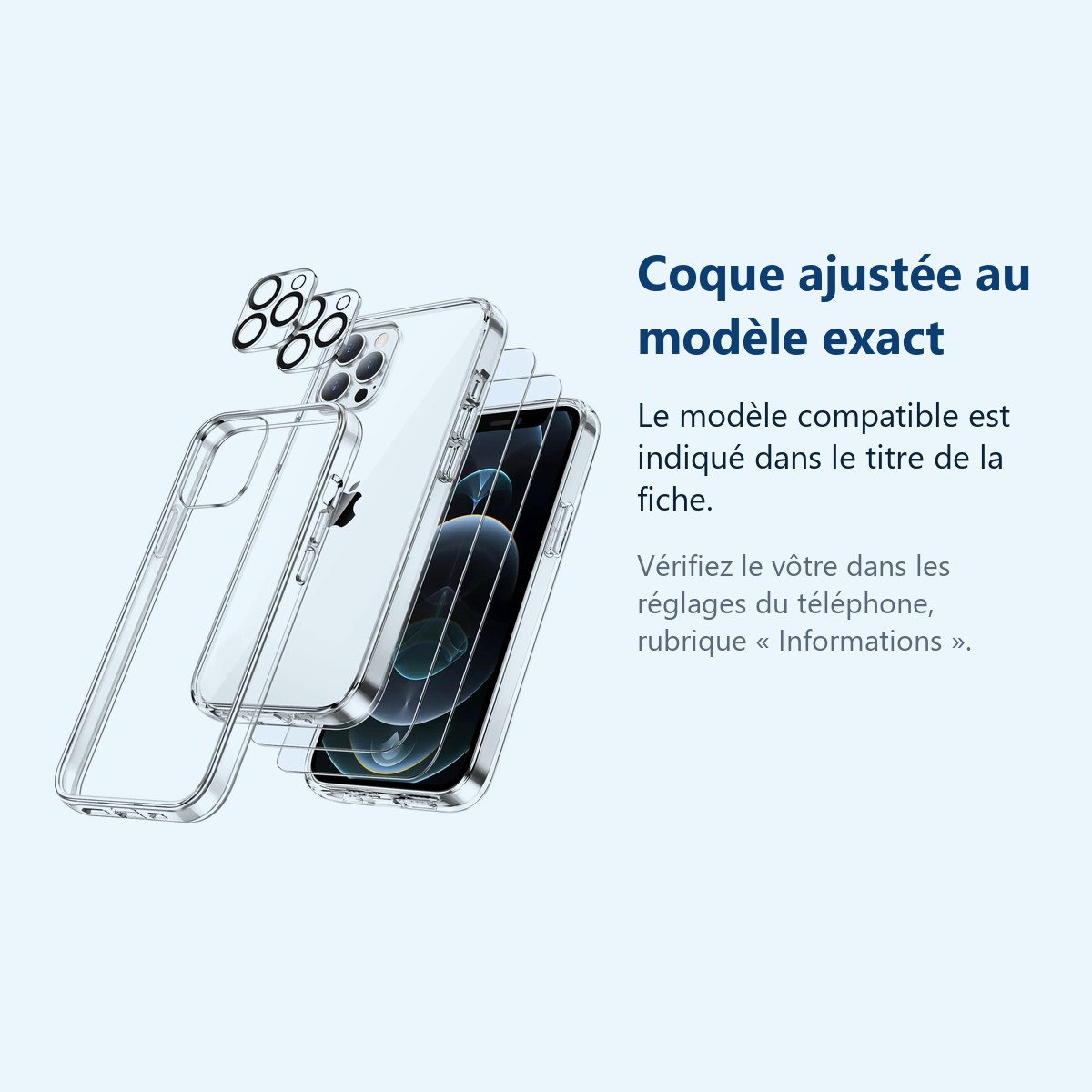 Accessoire ajusté au modèle exact – Coque Silicone Transparente + Verres Trempes et Protections Camera Arriere X2 Pour iPhone
