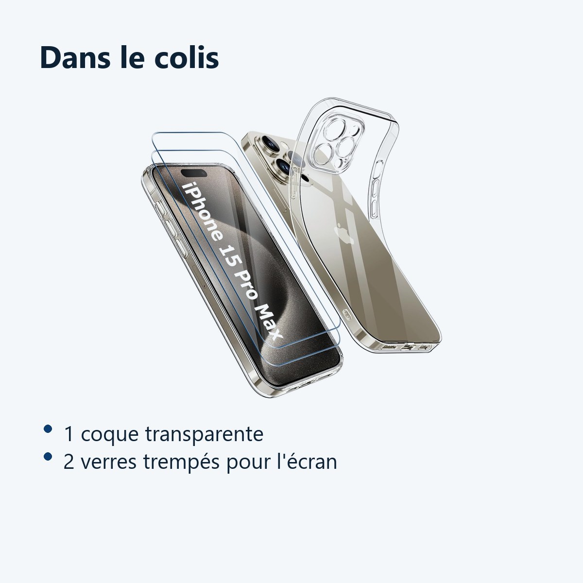 Contenu du colis – Coque Silicone Transparente + 2 Verres Trempes Pour iPhone 15 Pro Max / Ultra