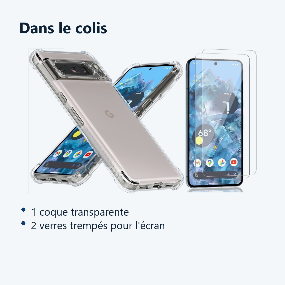Contenu du colis – Coque Silicone Transparente Angles Renforces + 2 Verres Trempes Pour Google Pixel 8 Pro