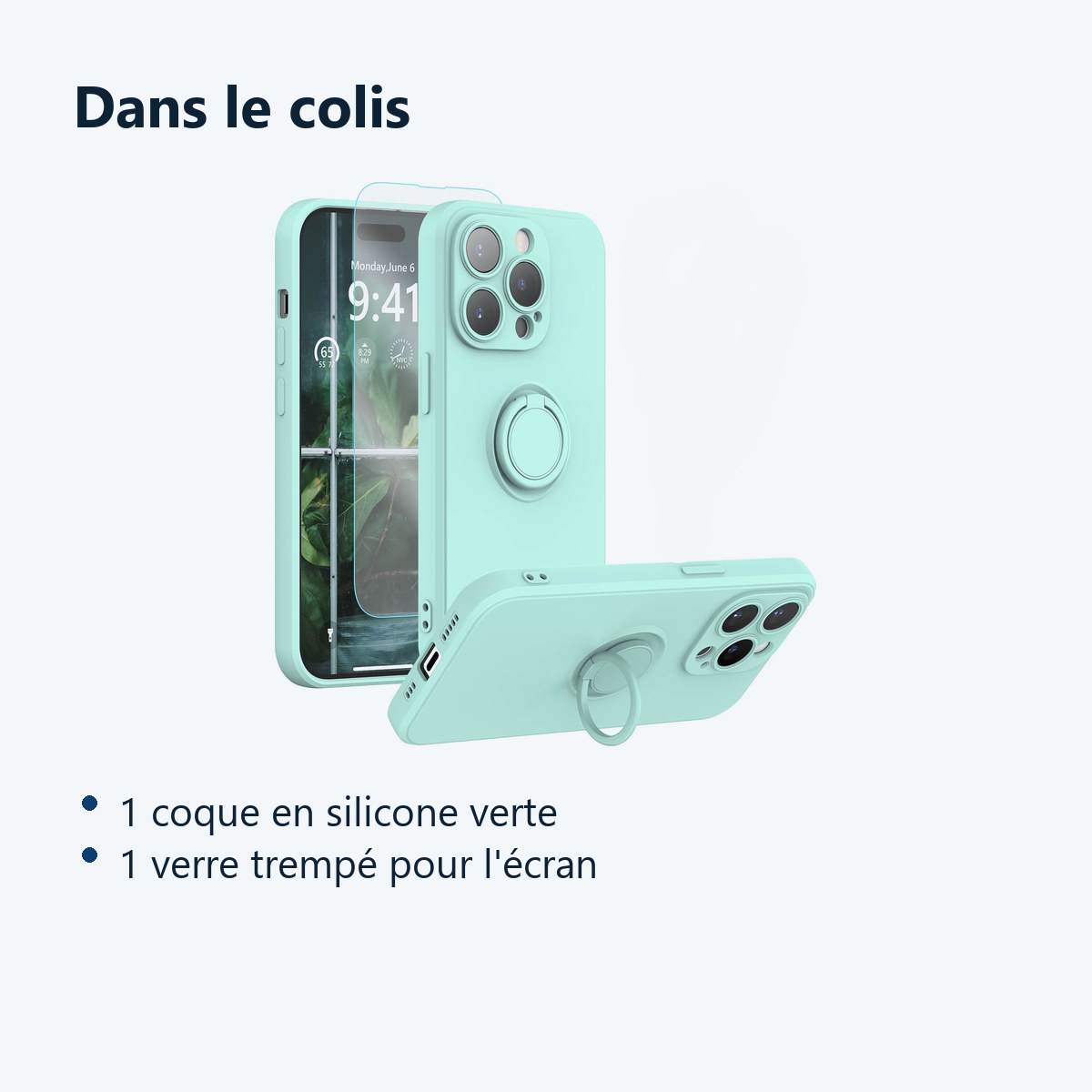 Contenu du colis – Coque Silicone Pour iPhone 14 Pro Max Couleur Vert Avec Anneau Support + Verre Trempe Protection Ecran
