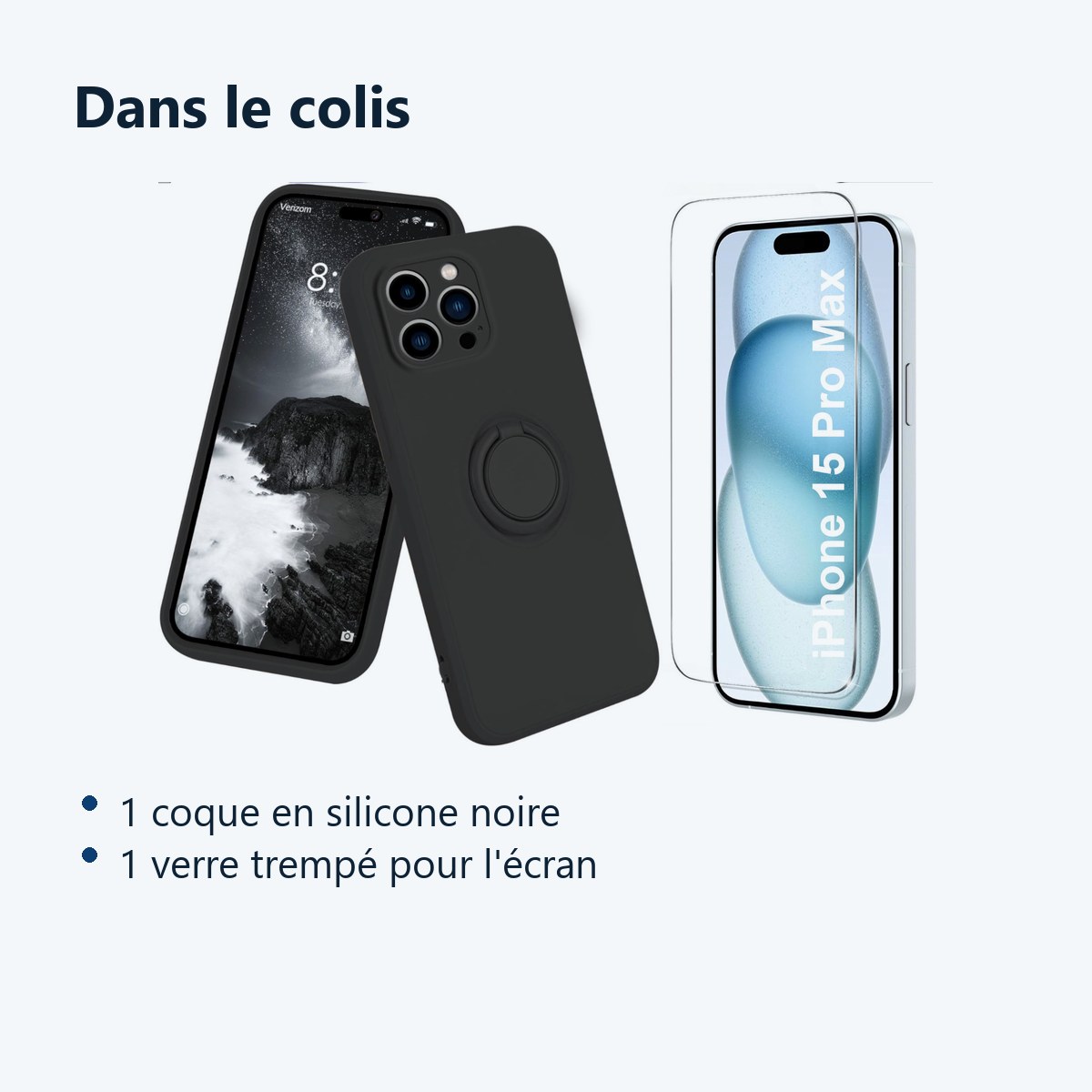 Contenu du colis – Coque Silicone Pour iPhone 15 Pro Max Couleur Noir Avec Anneau Support + Verre Trempe Protection Ecran