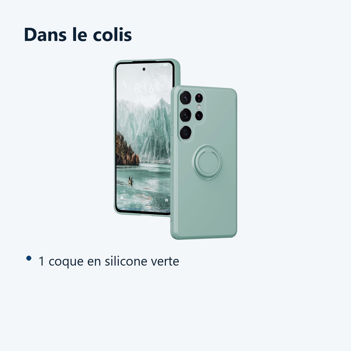 Contenu du colis – Coque Silicone Pour Samsung Galaxy S24 Ultra Couleur Vert Avec Anneau Support