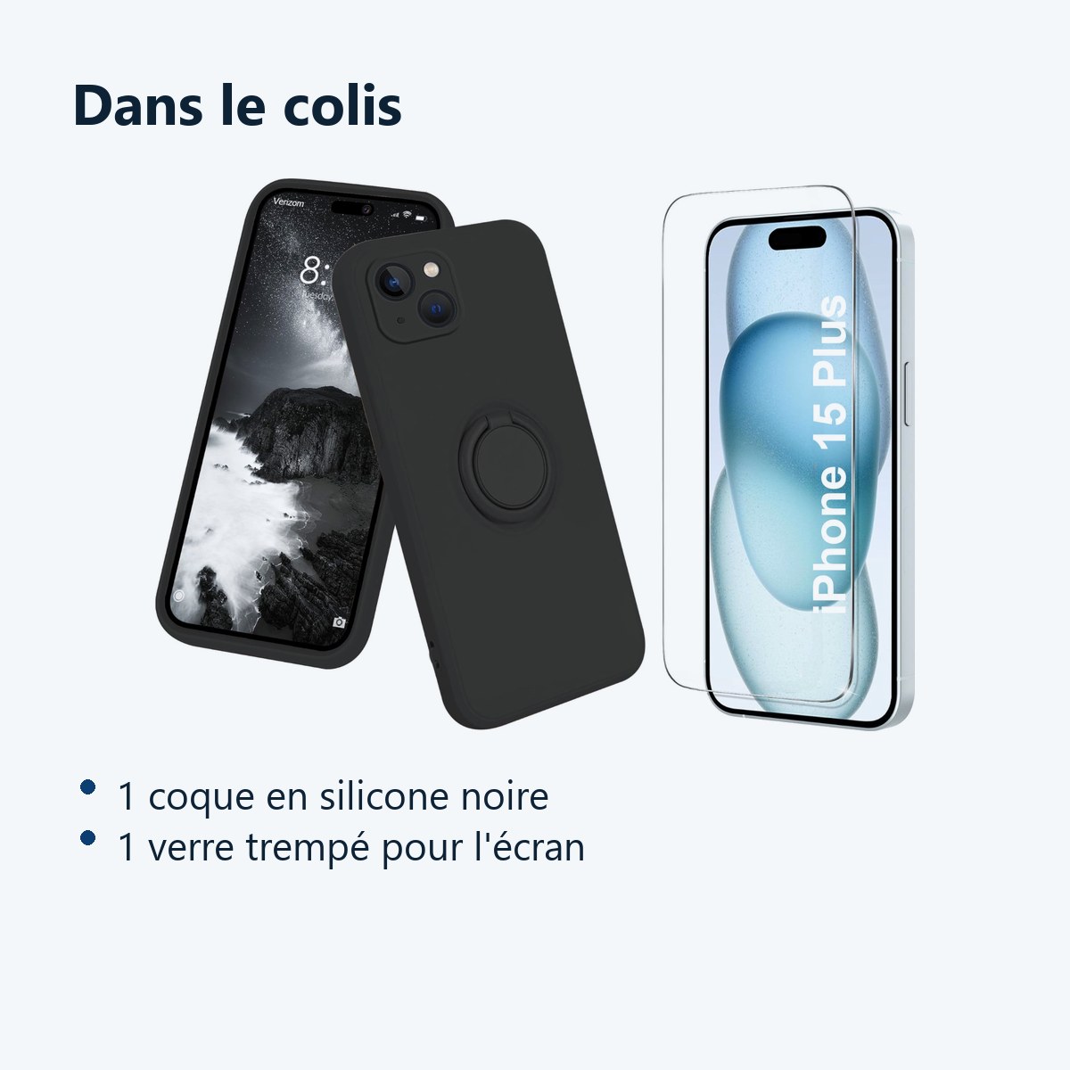 Contenu du colis – Coque Silicone Pour iPhone 15 Plus Couleur Noir Avec Anneau Support + Verre Trempe Protection Ecran