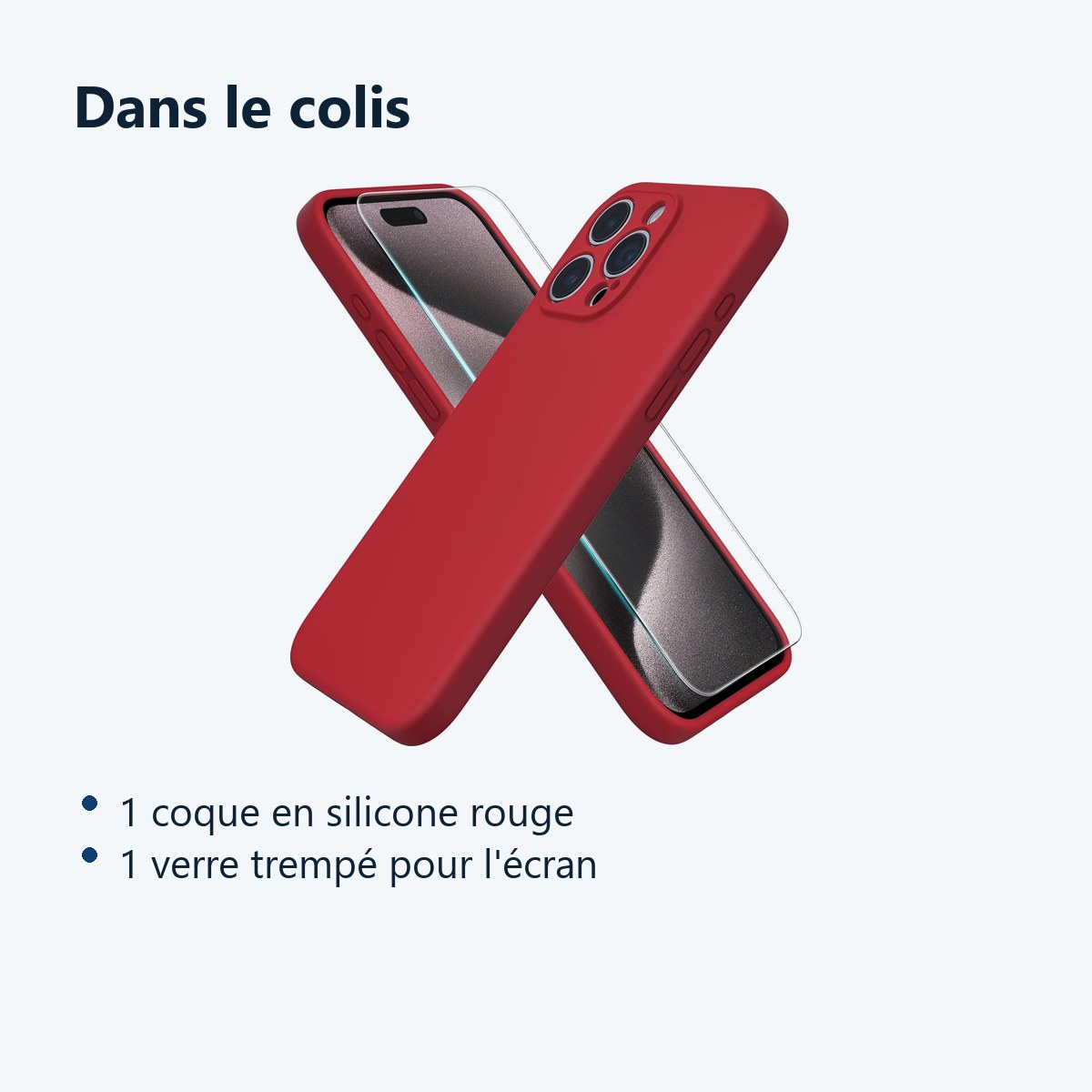 Contenu du colis – Coque Silicone Rouge + Verre Trempe Pour iPhone 15 Pro Max