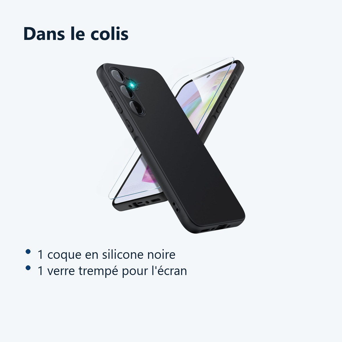Contenu du colis – Coque Pour Samsung Galaxy A35 5G Silicone Noir + Verre Trempe