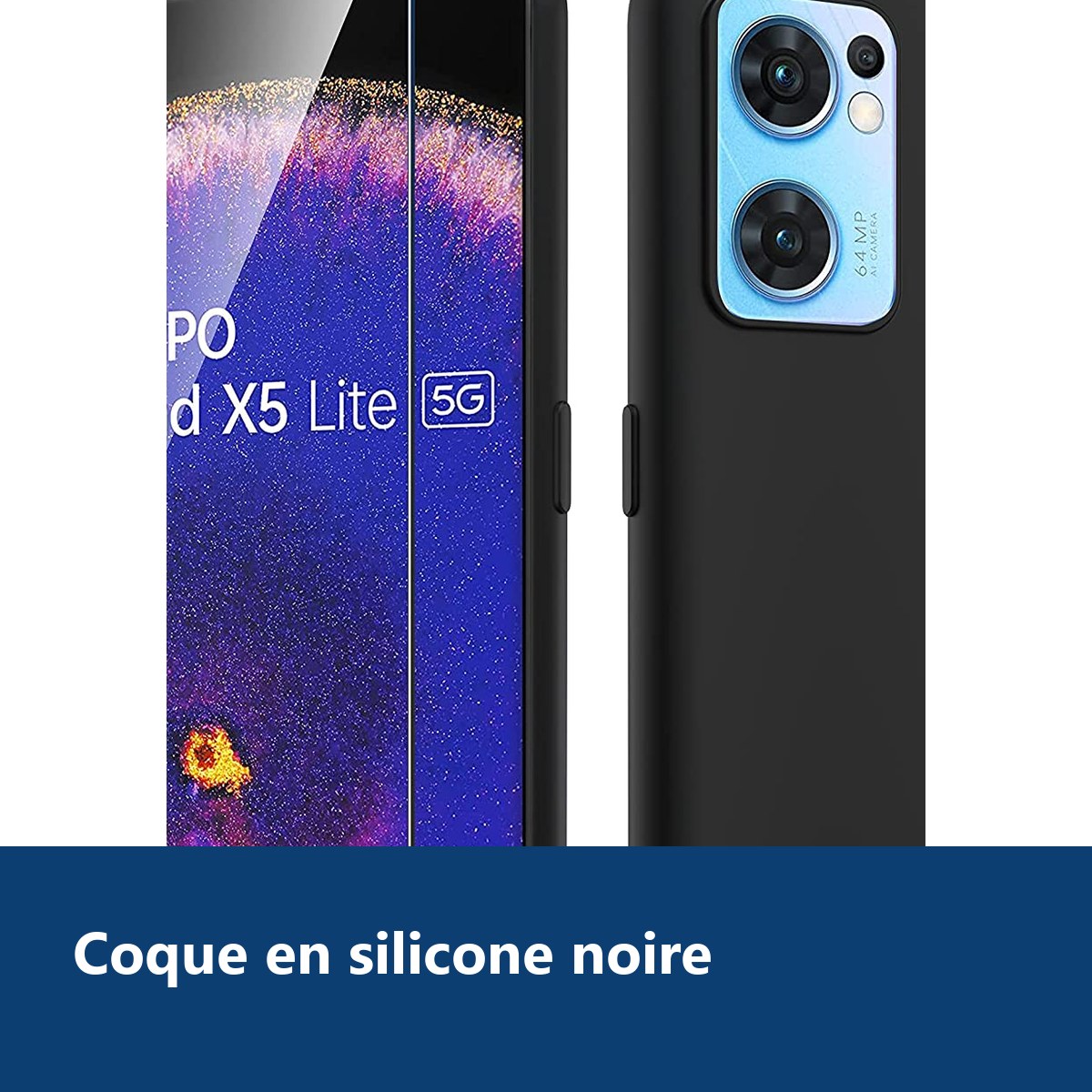 Vue de détail – Coque Silicone Noir + Verre Trempe Pour Oppo Find X5 Lite