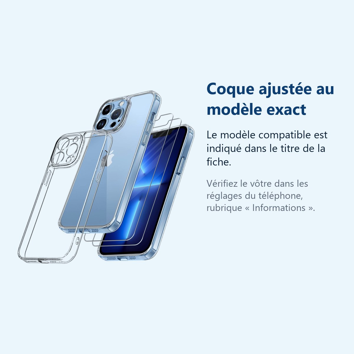 Accessoire ajusté au modèle exact – Coque Transparente pour iPhone 13 Pro Max (6,7 pouces) et 2 Verres Trempé Film Protection