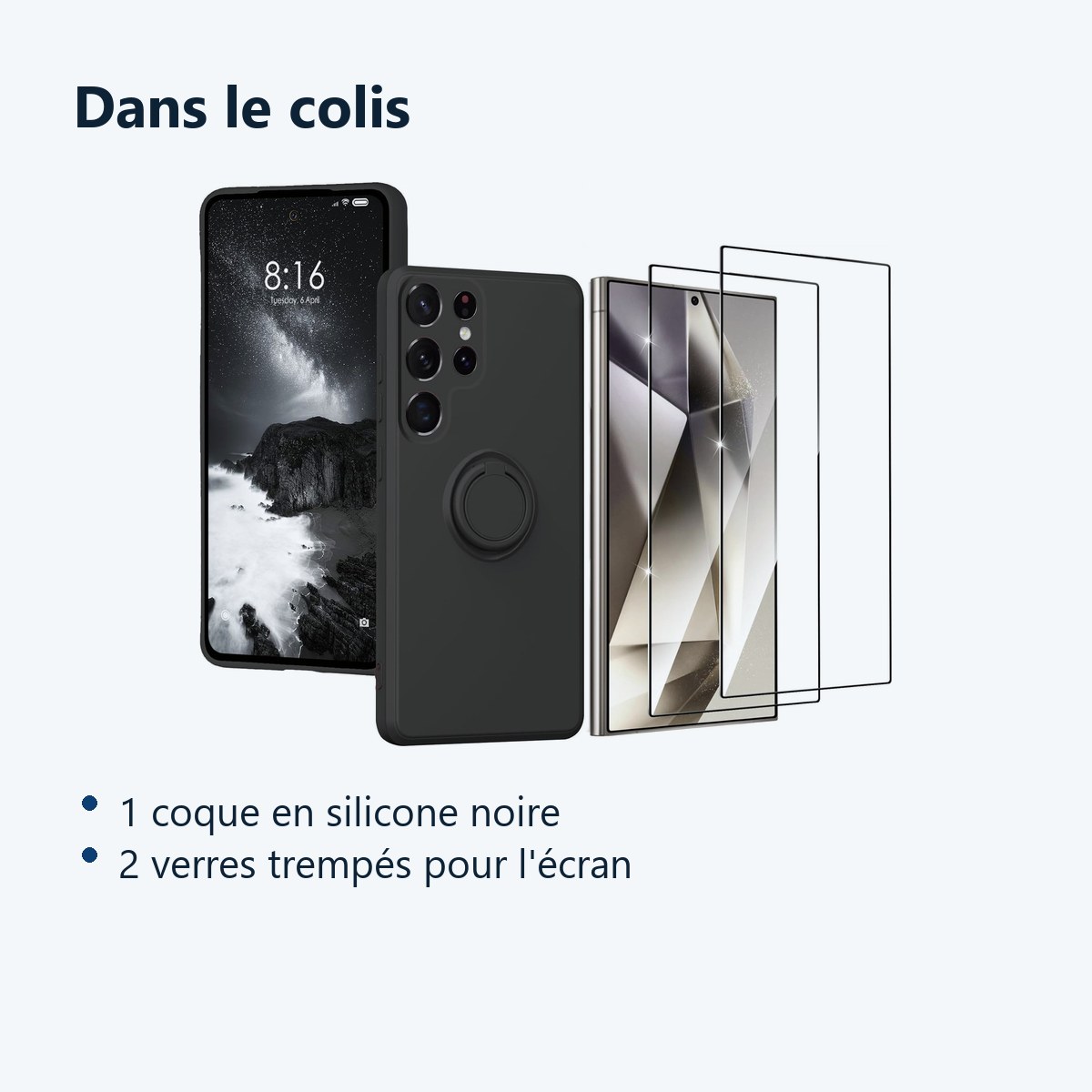 Contenu du colis – Coque Silicone Pour Samsung Galaxy S24 Ultra Couleur Noir Avec Anneau Support + 2 Verres Trempe Protection