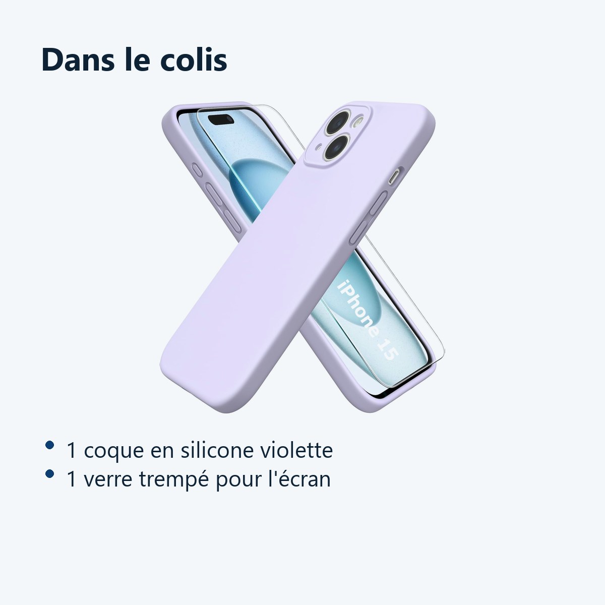 Contenu du colis – Coque Silicone Violet + Verre Trempe Pour iPhone 15