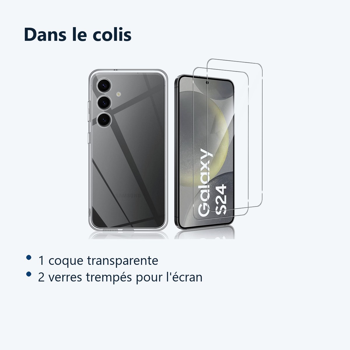 Contenu du colis – Coque Silicone Transparente + 2 Verres Trempes Pour Samsung Galaxy S24