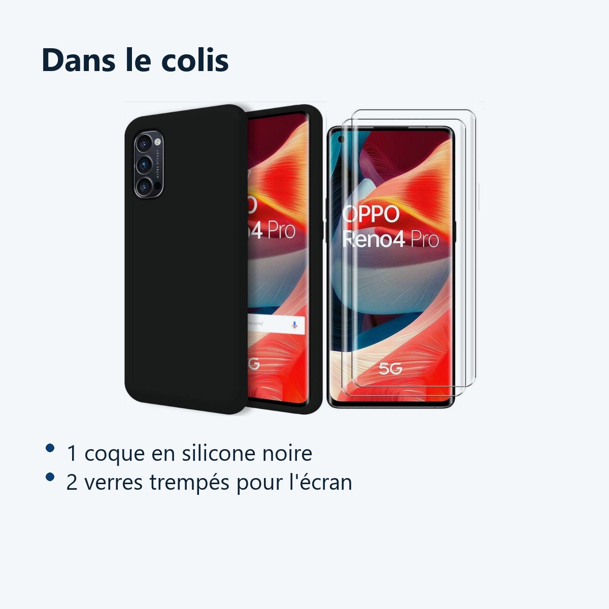 Contenu du colis – Coque Silicone Noire + 2 Verres Trempes Pour Oppo Reno 4 Pro 5G