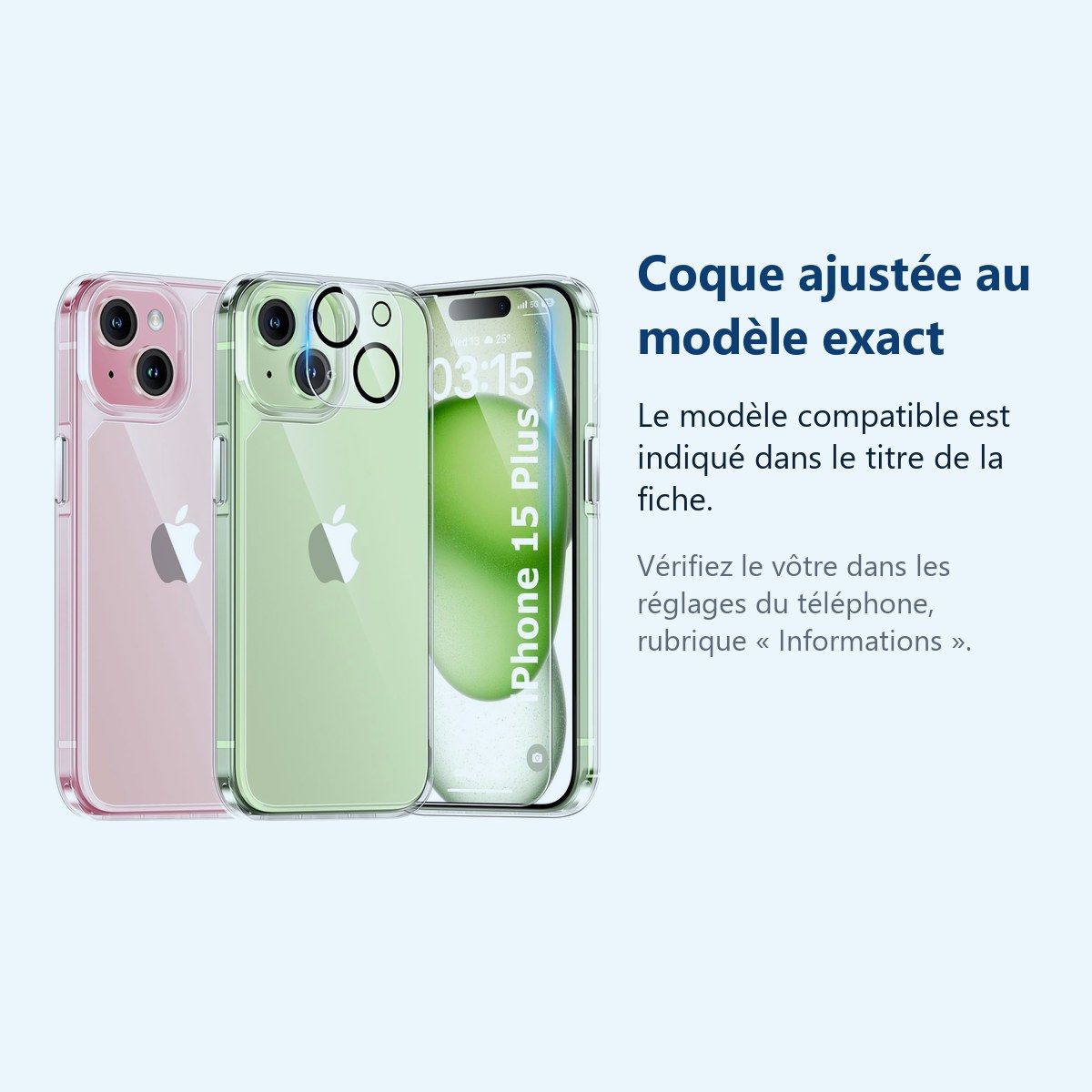 Accessoire ajusté au modèle exact – Coque Silicone Transparente + Verre Trempe et Protection Camera Arriere Pour iPhone 15 Pl