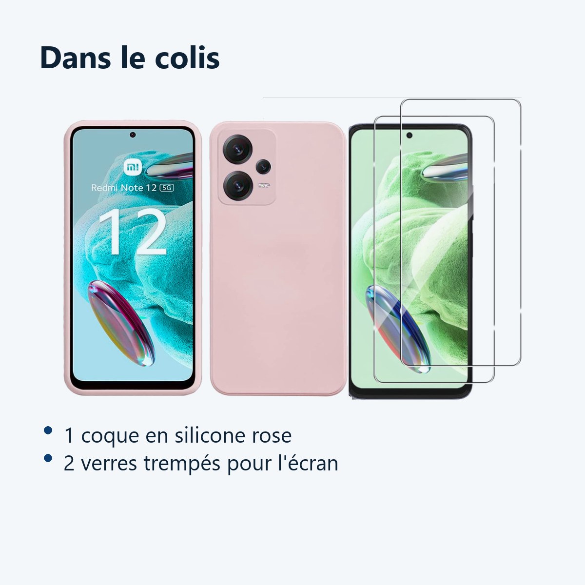 Contenu du colis – Coque Silicone Rose + 2 Verres Trempes Pour Xiaomi Redmi Note 12 5G