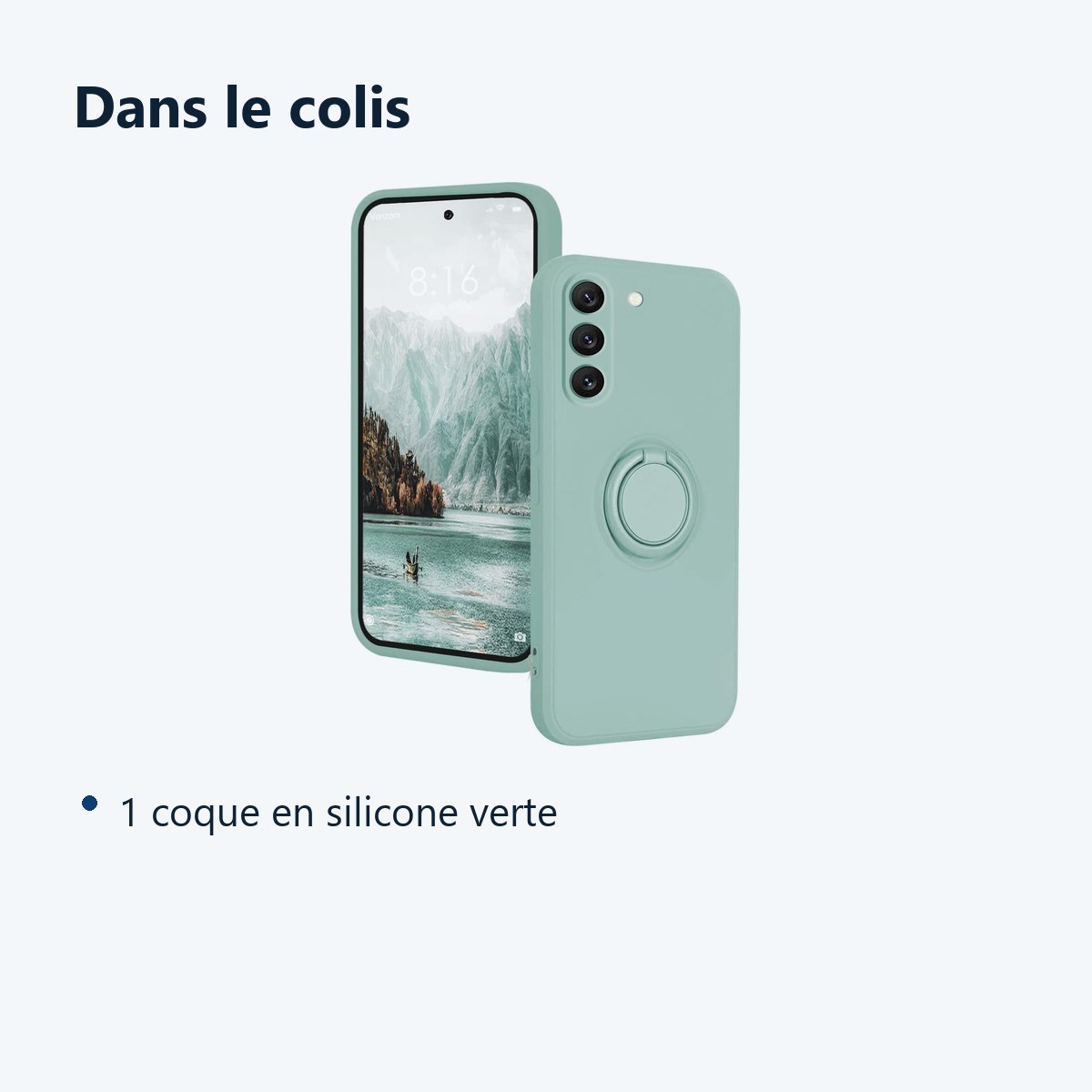 Contenu du colis – Coque Silicone Pour Samsung Galaxy S24 Plus Couleur Vert Avec Anneau Support