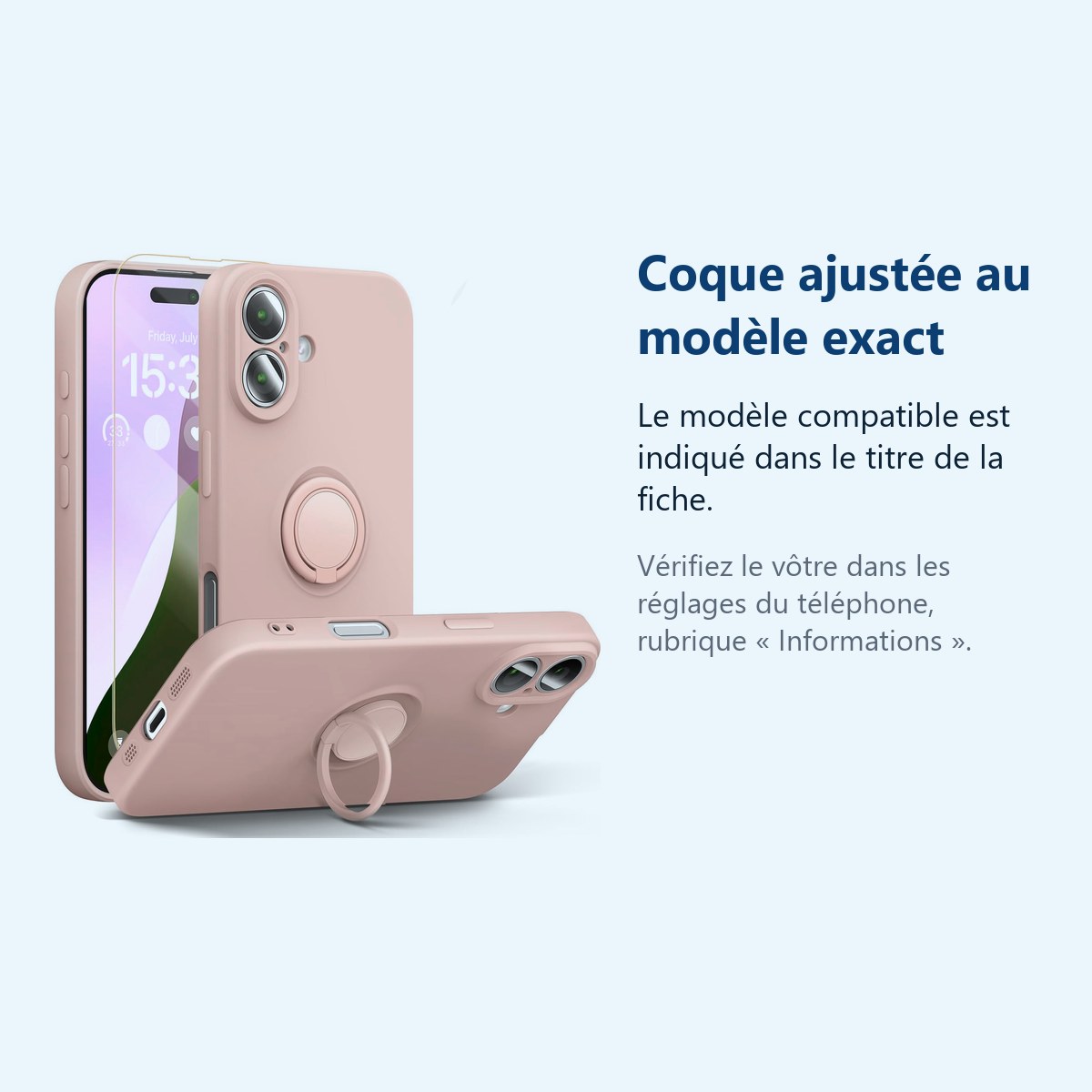 Accessoire ajusté au modèle exact – Coque Silicone Pour iPhone 16 Plus Couleur Rose Avec Anneau Support + Verre Trempe Protec