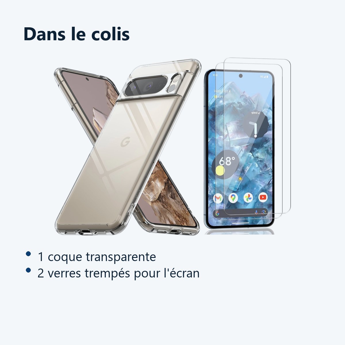 Contenu du colis – Coque Silicone Transparente + 2 Verres Trempes Pour Google Pixel 8 Pro