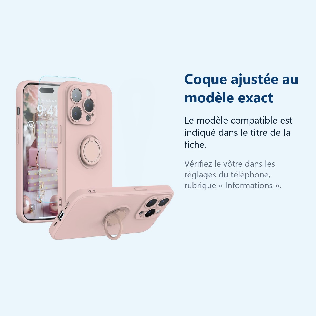 Accessoire ajusté au modèle exact – Coque Silicone Pour iPhone 14 Pro Max Couleur Rose Avec Anneau Support + Verre Trempe Pro