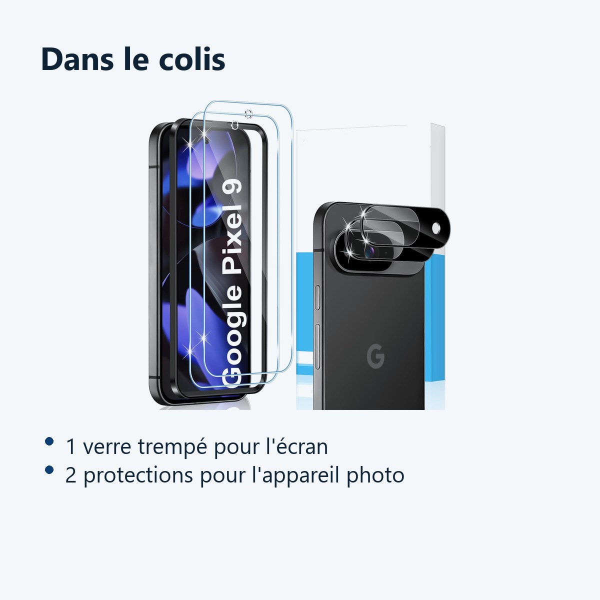 Contenu du colis – Verre Trempe et Protection Camera Arriere X2 Pour Pixel 9