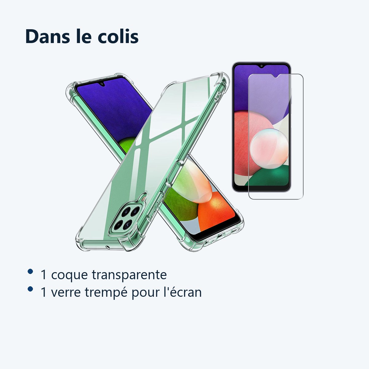 Contenu du colis – Coque Silicone Transparente Quatre Coins Renforces + Verre Trempe Pour Samsung A22 5G