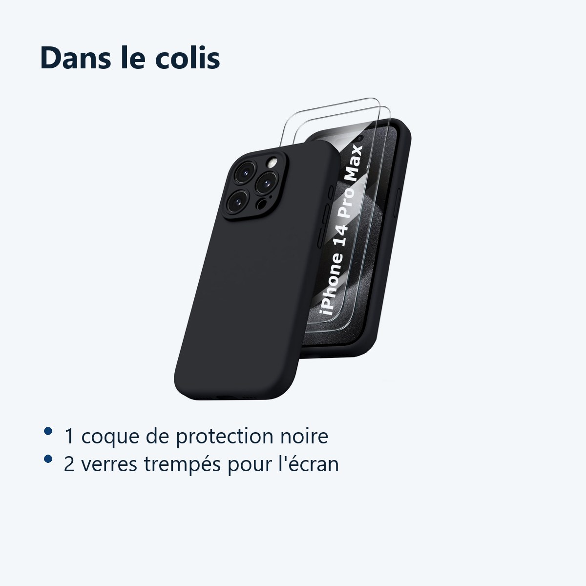 Contenu du colis – Coque Noir pour iPhone 14 Pro Max (6,7 pouces) et 2 Verres Trempé Film Protection Ecran