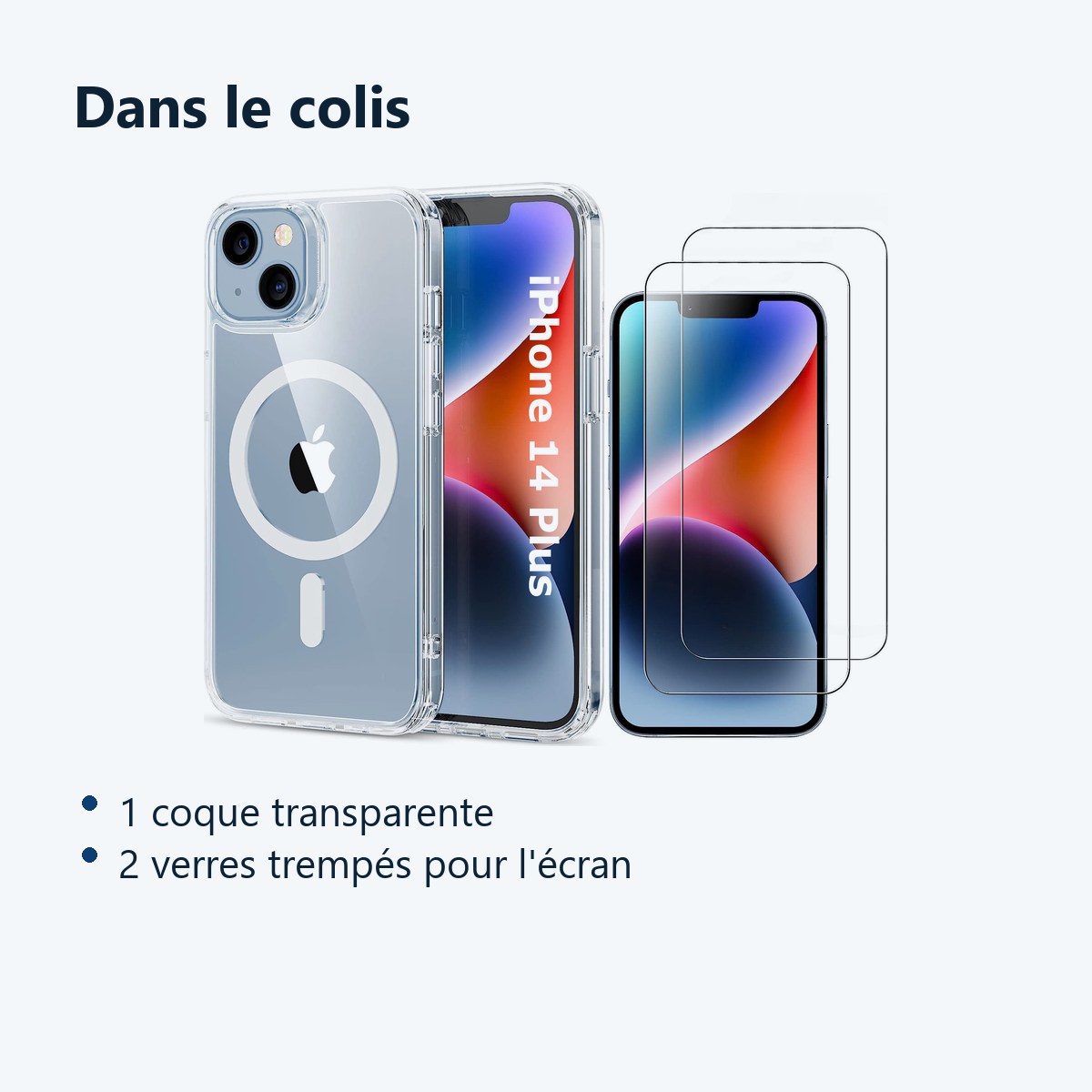 Contenu du colis – Coque Silicone Transparente Compatible Magsafe + 2 Verres Trempes Pour iPhone 14 Plus