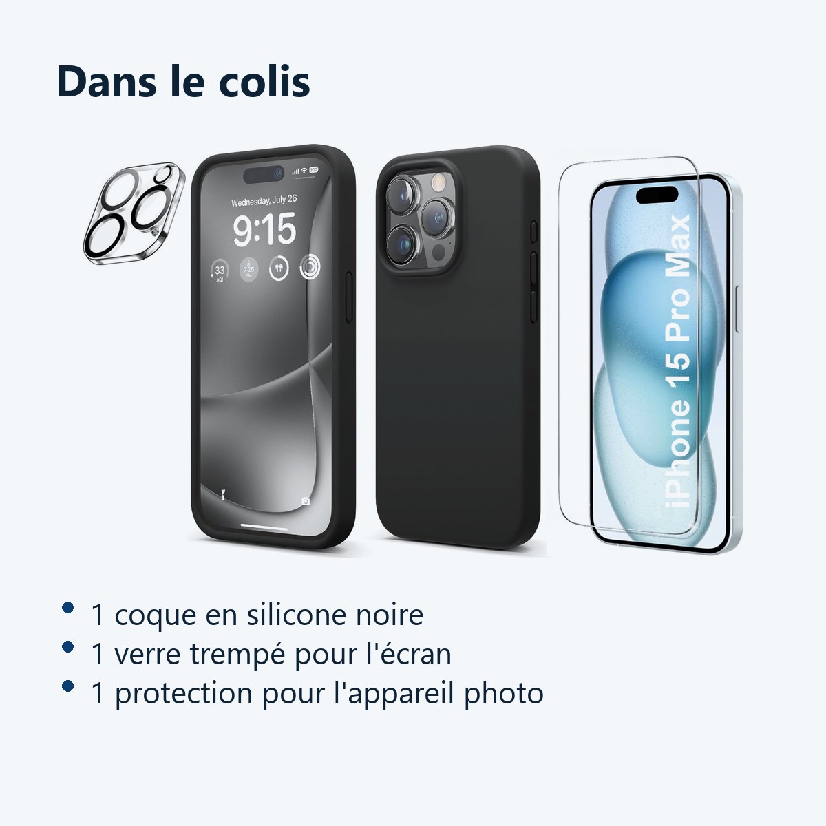 Contenu du colis – Coque Silicone Noir + Verre Trempe et Protection Camera Arriere Pour iPhone 15 Pro Max