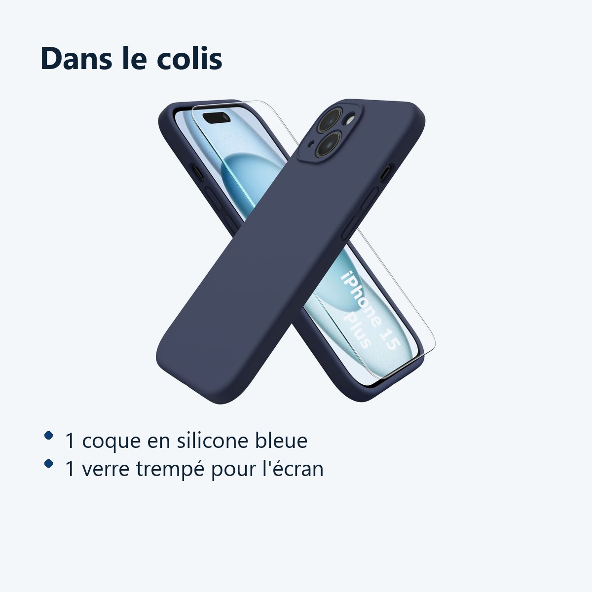 Contenu du colis – Coque Silicone Bleu Nuit + Verre Trempe Pour iPhone 15 Plus
