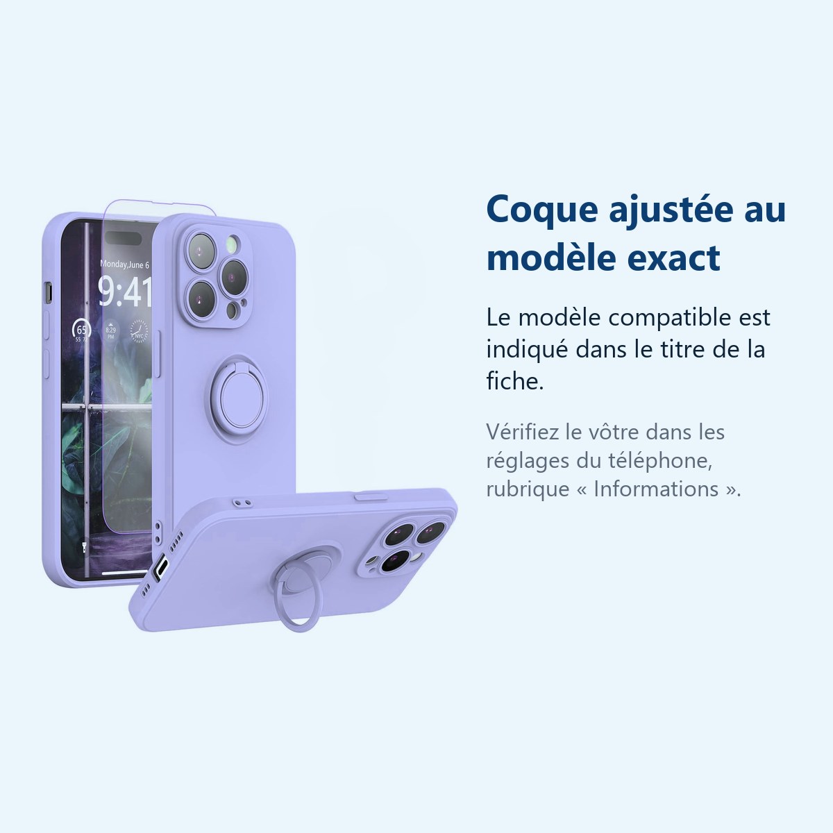 Accessoire ajusté au modèle exact – Coque Silicone Pour iPhone 14 Pro Max Couleur Violet Avec Anneau Support + Verre Trempe P