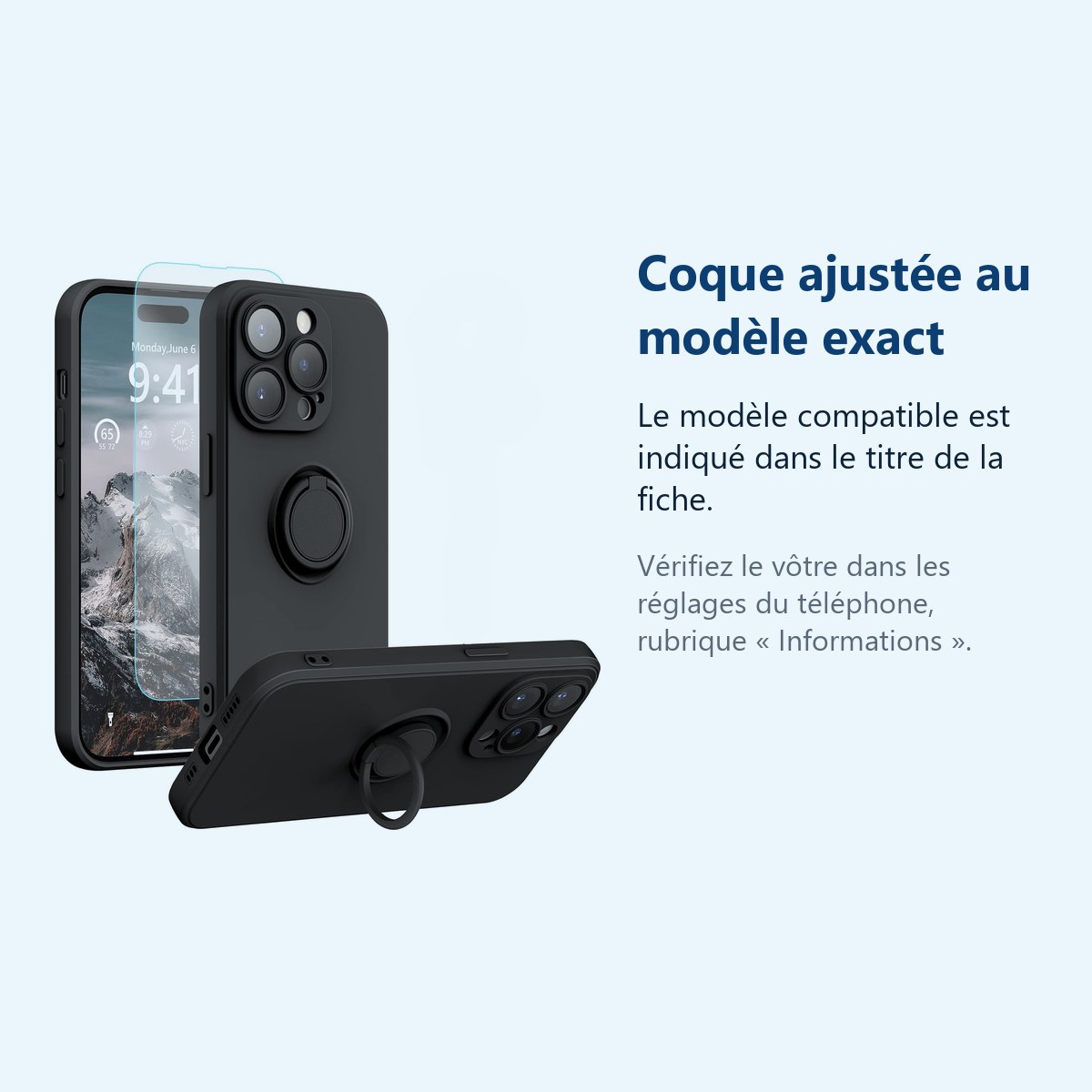 Accessoire ajusté au modèle exact – Coque Silicone Pour iPhone 14 Pro Max Couleur Noir Avec Anneau Support + Verre Trempe Pro