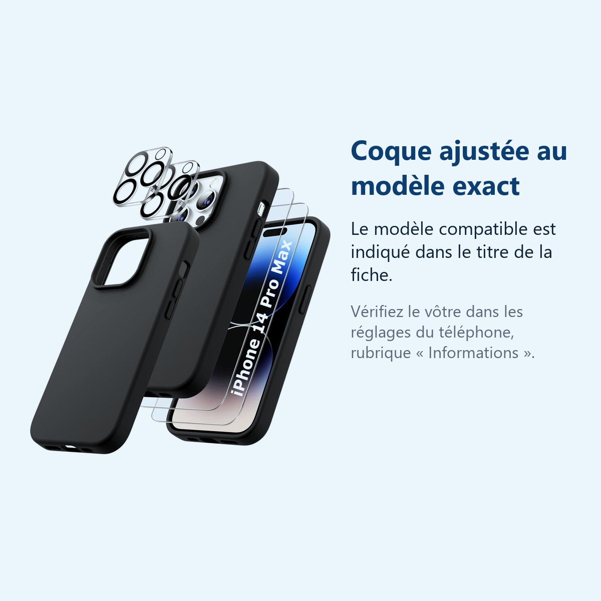 Accessoire ajusté au modèle exact – Coque Silicone Noir + Verres Trempes et Protections Camera Arriere X2 Pour iPhone 14 Pro