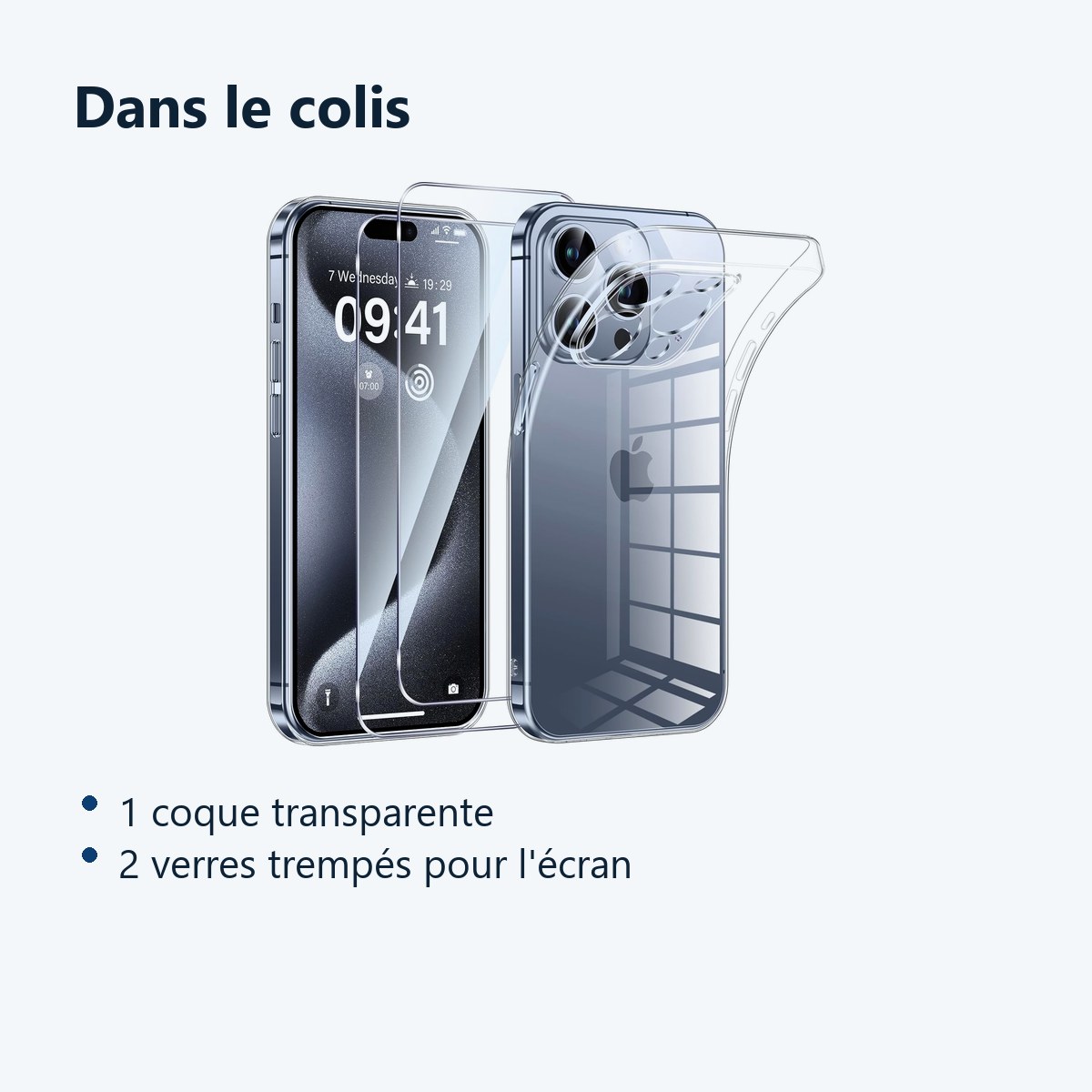 Contenu du colis – Coque Pour iPhone 15 Pro Max Silicone Transparente + 2 Verres Trempes
