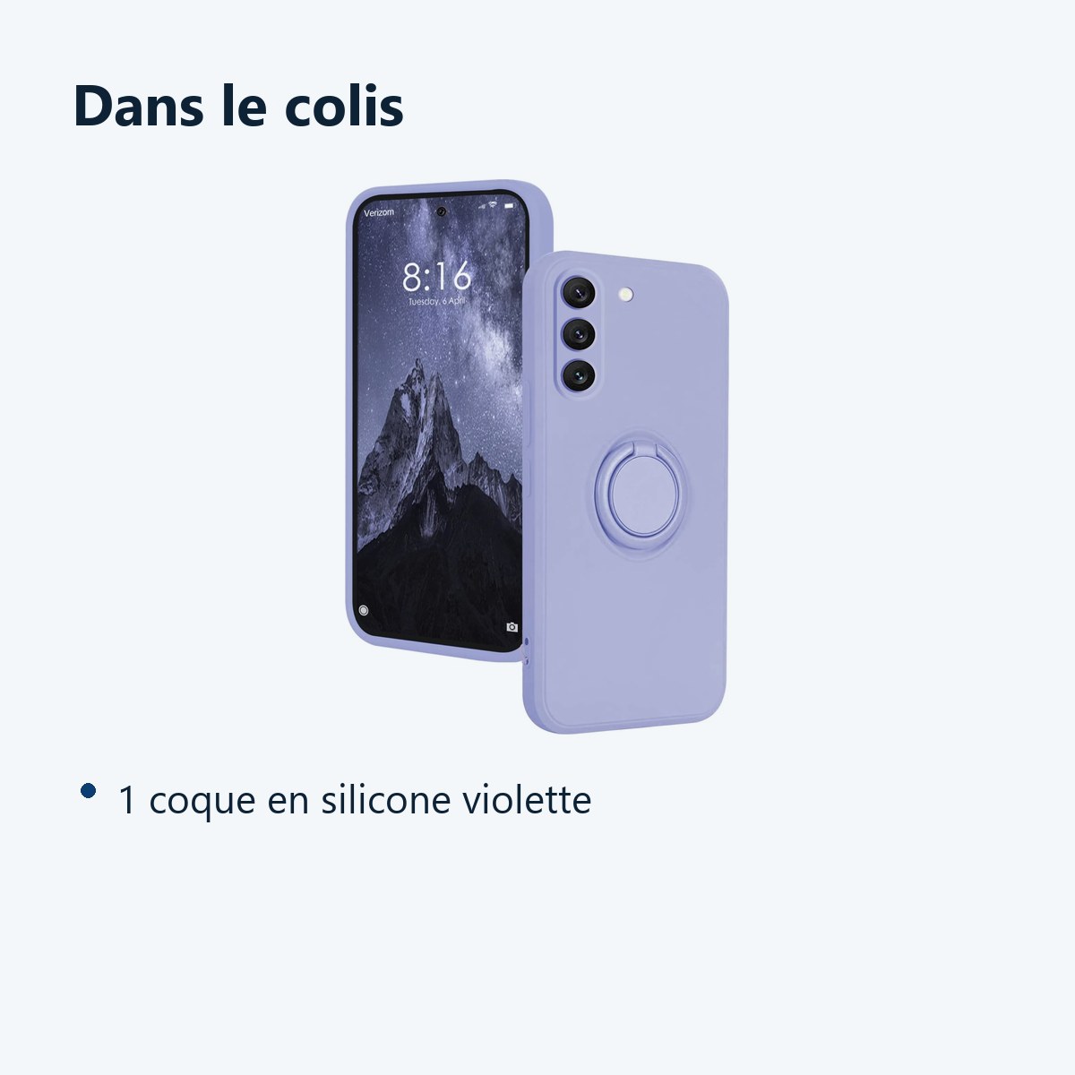 Contenu du colis – Coque Silicone Pour Samsung Galaxy S24 Couleur Violet Avec Anneau Support