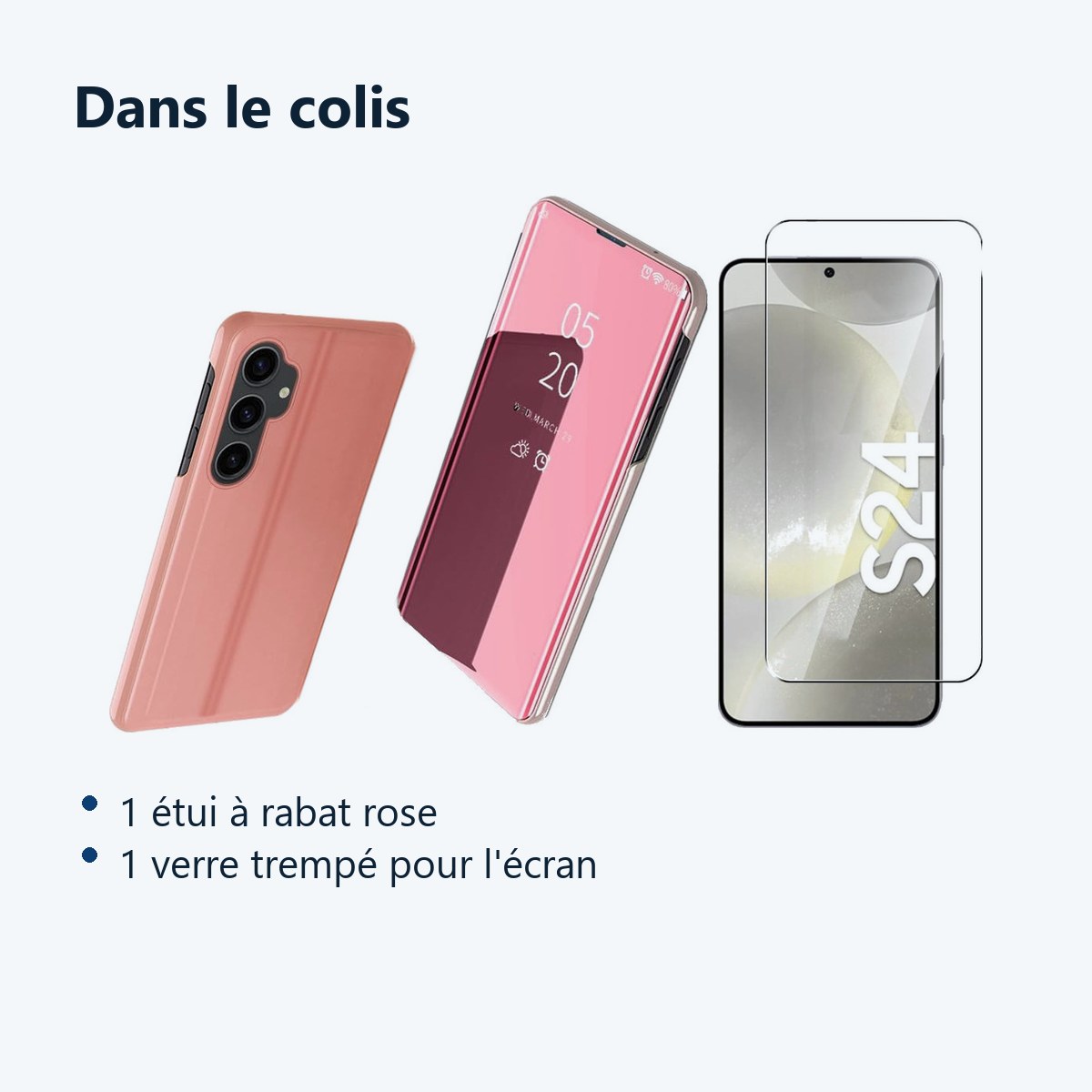 Contenu du colis – Coque Folio Rabat Miroir Pour Samsung Galaxy S24 Couleur Rose + Verre Trempe Protection Ecran
