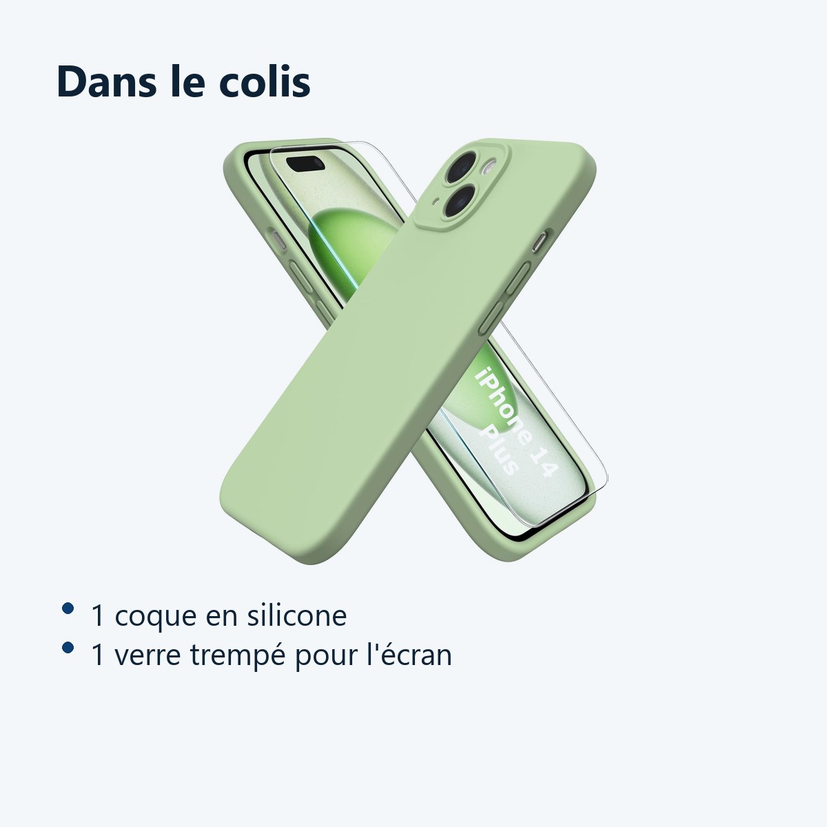 Contenu du colis – Coque Silicone Verte + Verre Trempe Pour iPhone 14 Plus