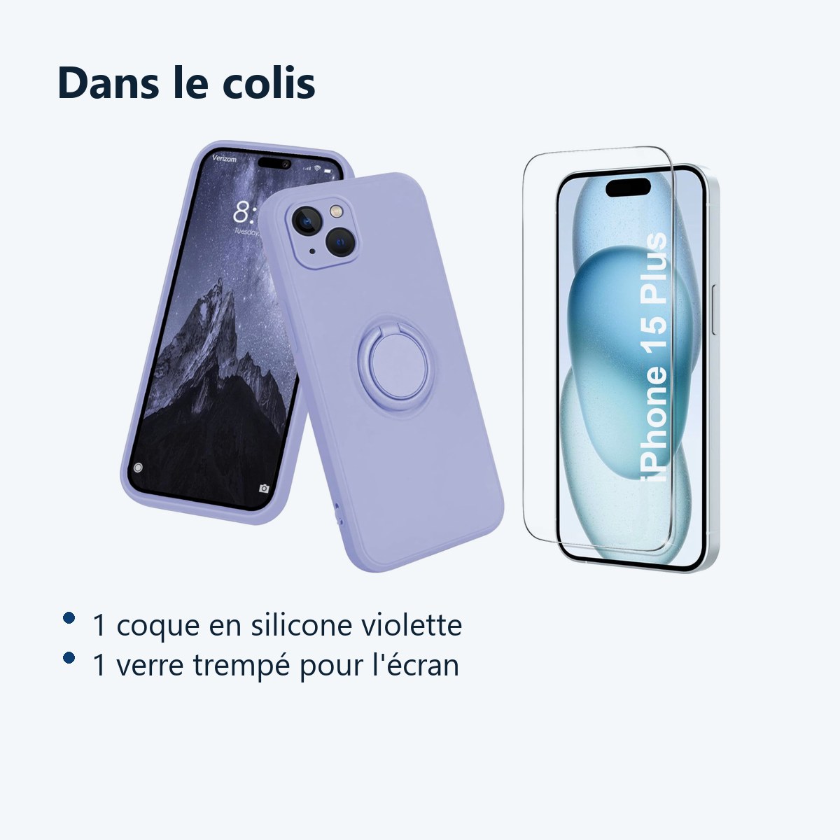 Contenu du colis – Coque Silicone Pour iPhone 15 Plus Couleur Violet Avec Anneau Support + Verre Trempe Protection Ecran