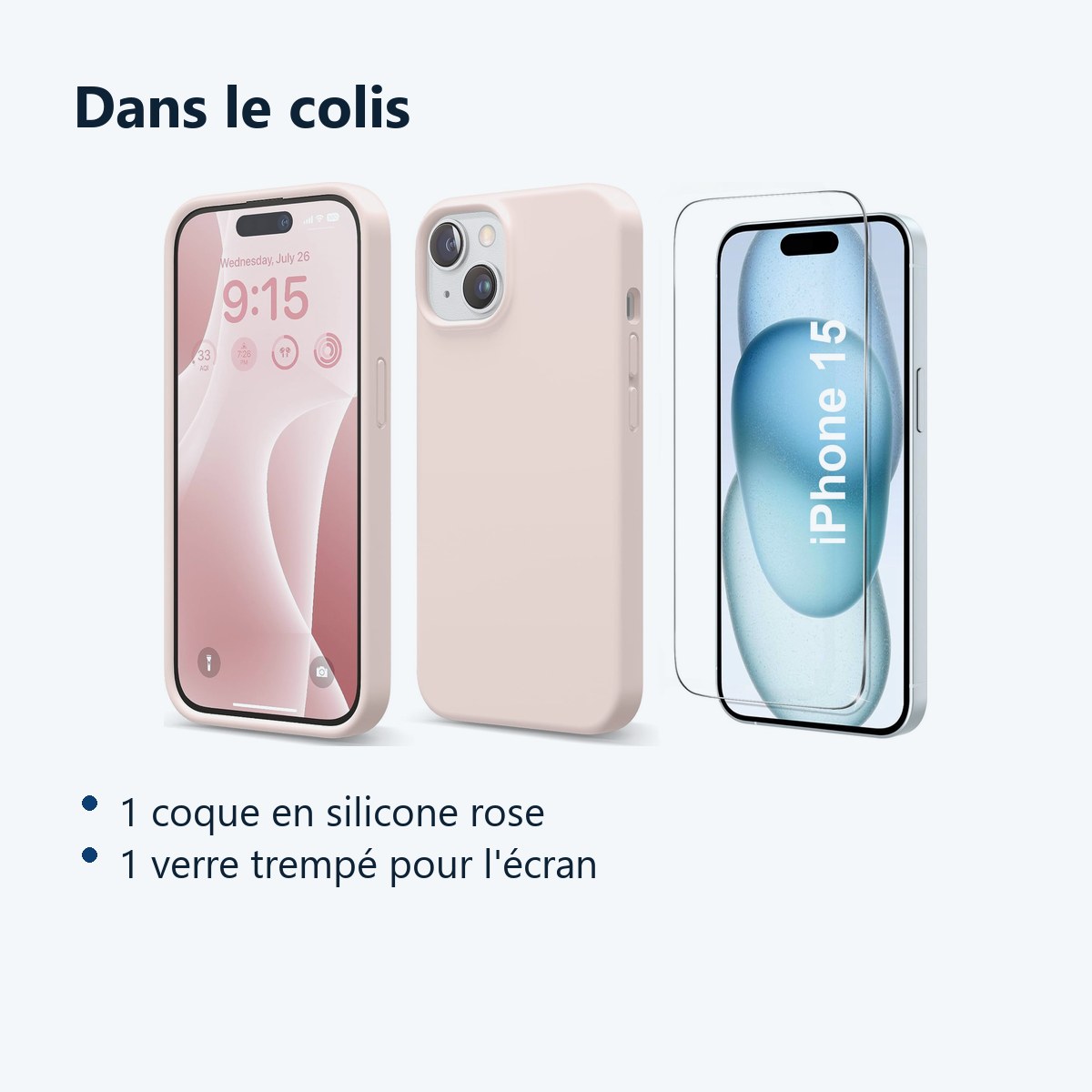 Contenu du colis – Coque Silicone Rose + Verre Trempe Pour iPhone 15