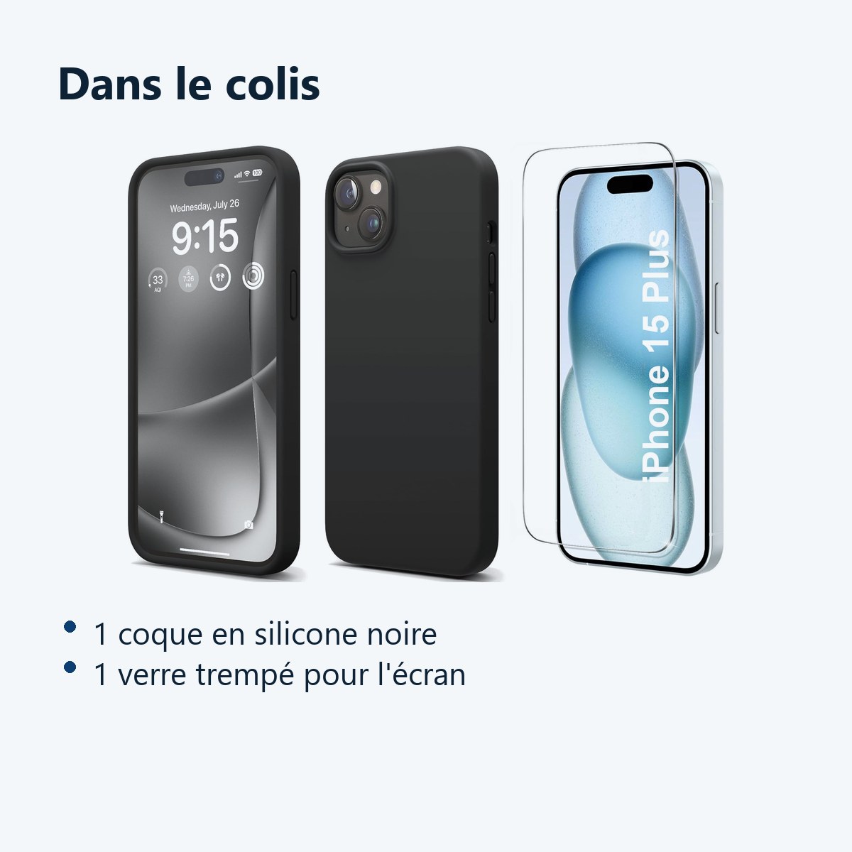 Contenu du colis – Coque Silicone Noir + Verre Trempe Pour iPhone 15 Plus