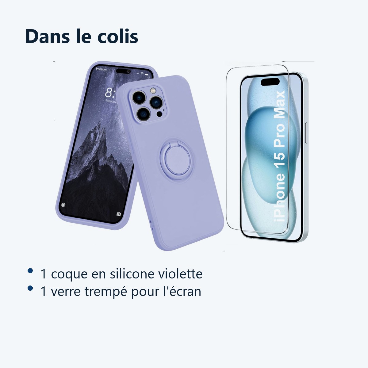 Contenu du colis – Coque Silicone Pour iPhone 15 Pro Max Couleur Violet Avec Anneau Support + Verre Trempe Protection Ecran