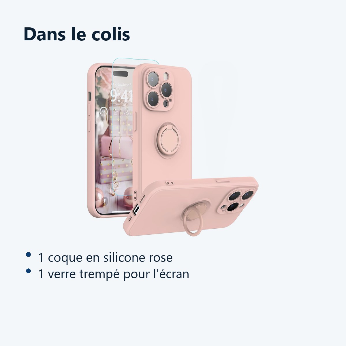 Contenu du colis – Coque Silicone Pour iPhone 14 Pro Couleur Rose Avec Anneau Support + Verre Trempe Protection Ecran