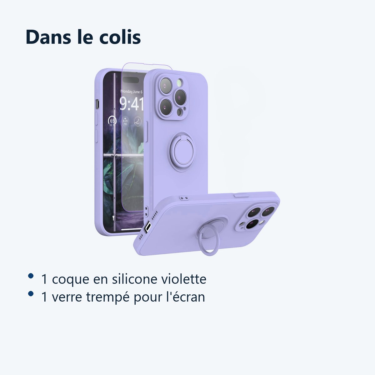 Contenu du colis – Coque Silicone Pour iPhone 14 Pro Couleur Violet Avec Anneau Support + Verre Trempe Protection Ecran